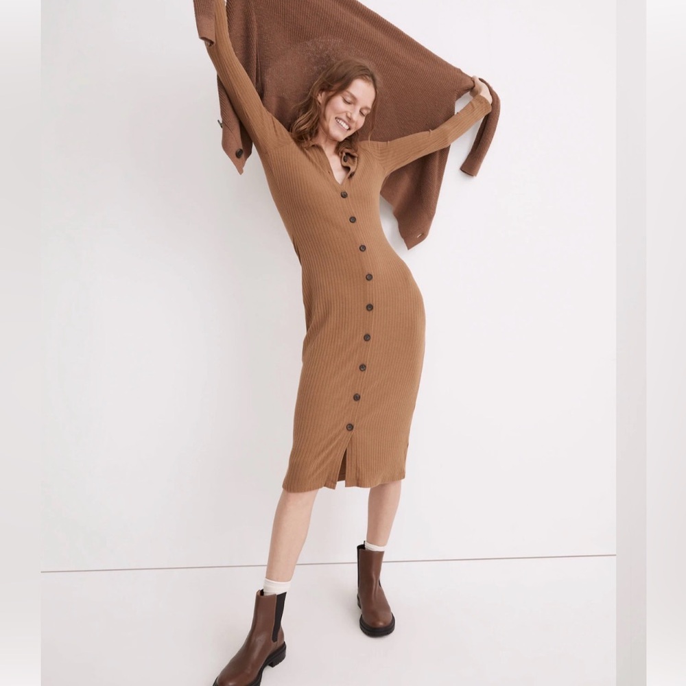 Madewell Women’s Button Front Ribbed Knit Midi Shirtdress Size XL Brown